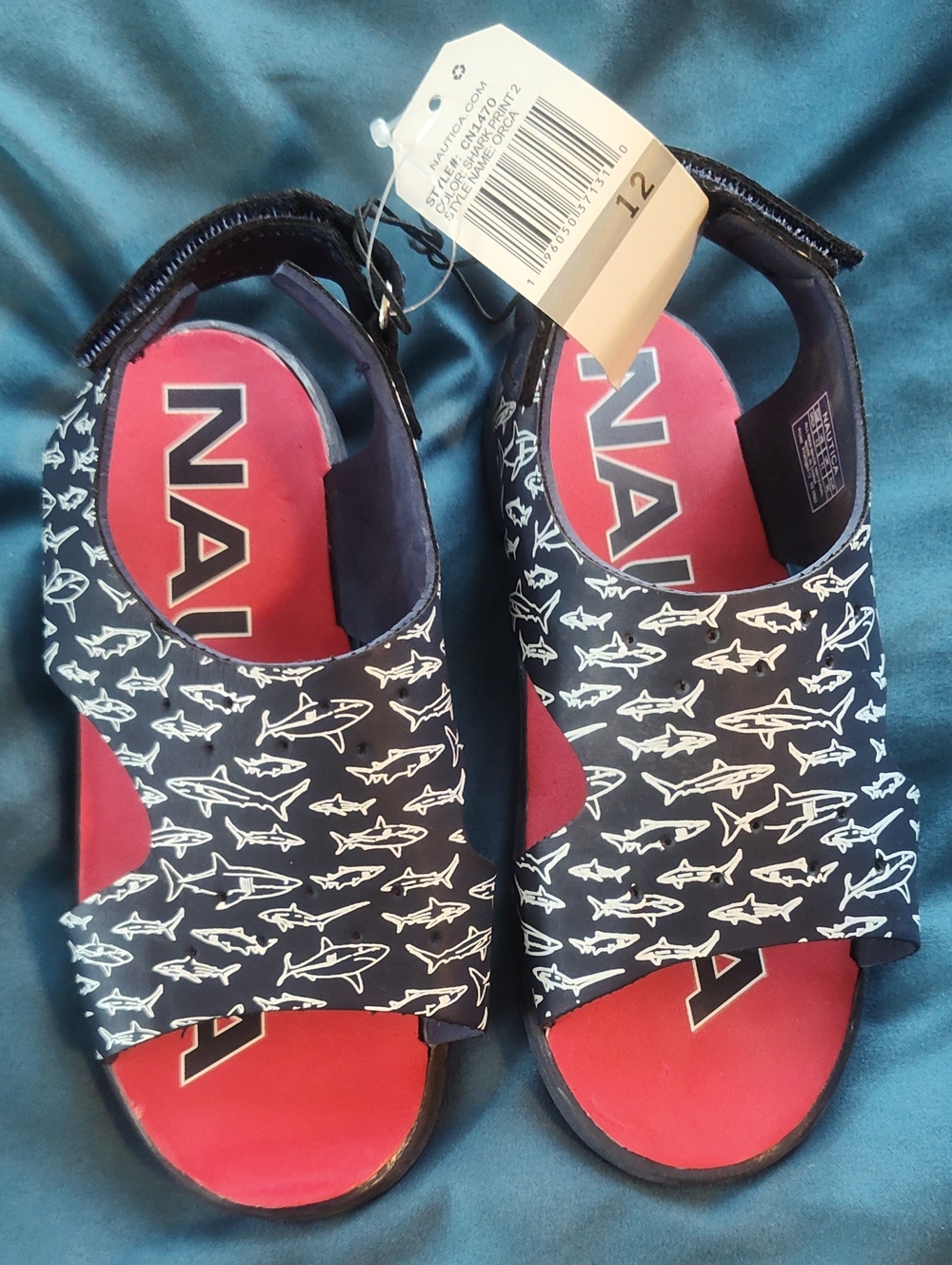 Nautica Navy & Red Shark Print Kids Sandals